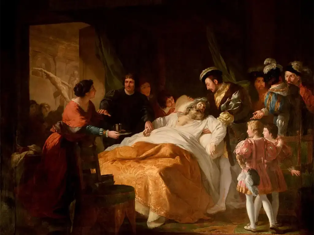 Смъртта на Да Винчи, нарисувана от Франсоа-Гийом Менажо