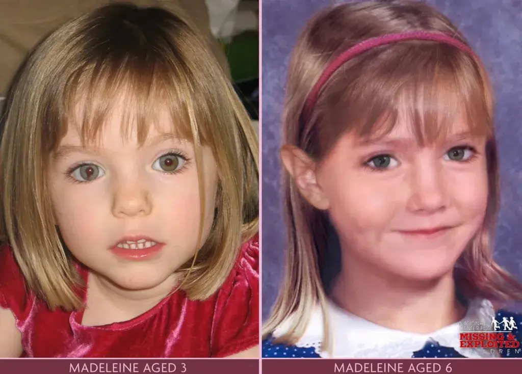 Плакат, публикуван от кампанията 'Намерете Мадлен', който показва Мадлен Маккан, когато е била на три години, и как може да изглежда сега, когато е на шест години.